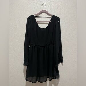 Doe & Rae Black Lace Trim Long Sleeve‎ Mini Dress Size L Sheer Overlay